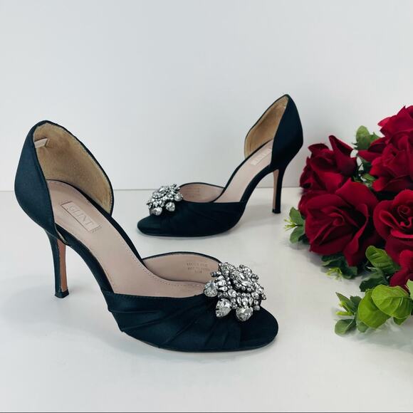 Glint Stiletto Heels Sz 5.5 Black Satin Sparkly Rhinestone Embellished Peep-Toe - Picture 1 of 16